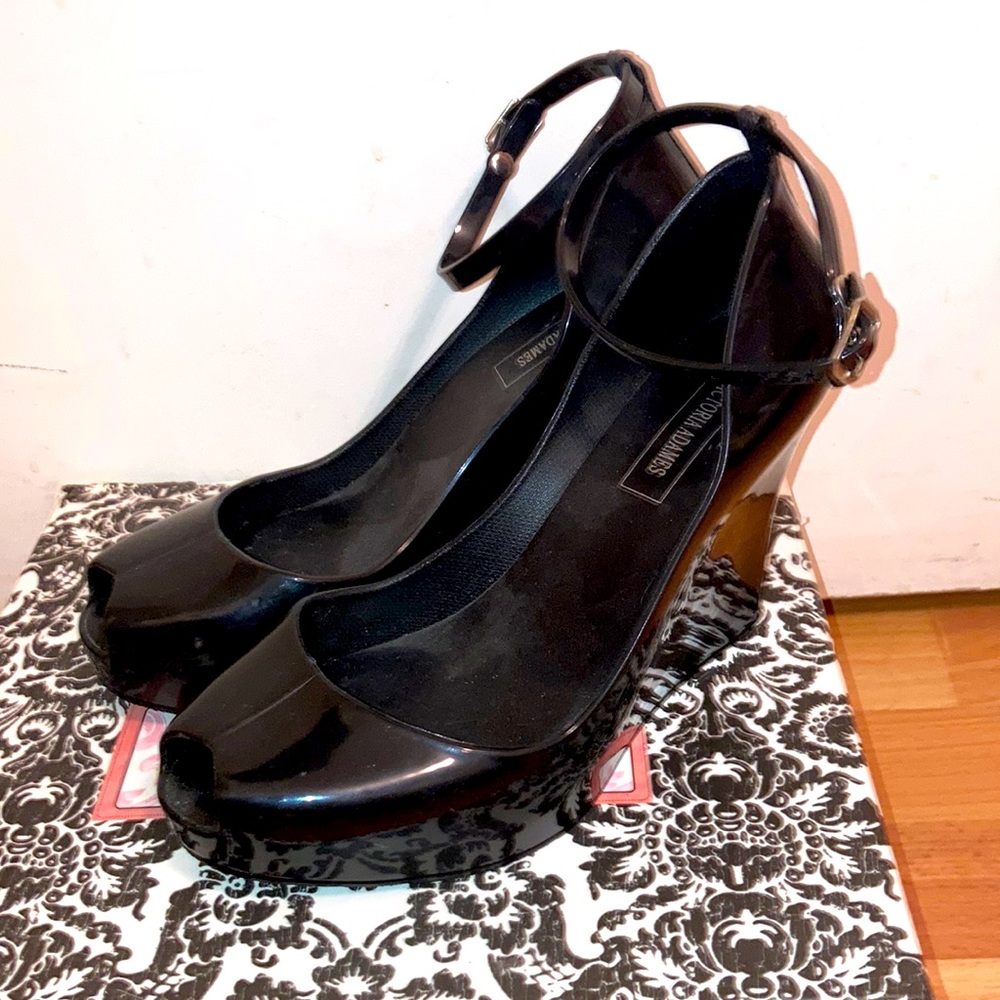 Victoria Adames Shiney Gummy Plastic Goth Ankle-strap Platform Heels $60